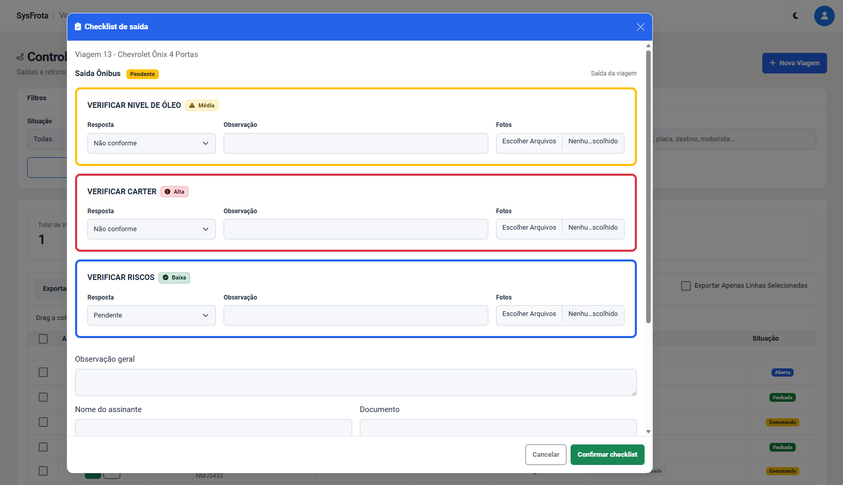 Tela do SysFrota — Execução do checklist na viagem