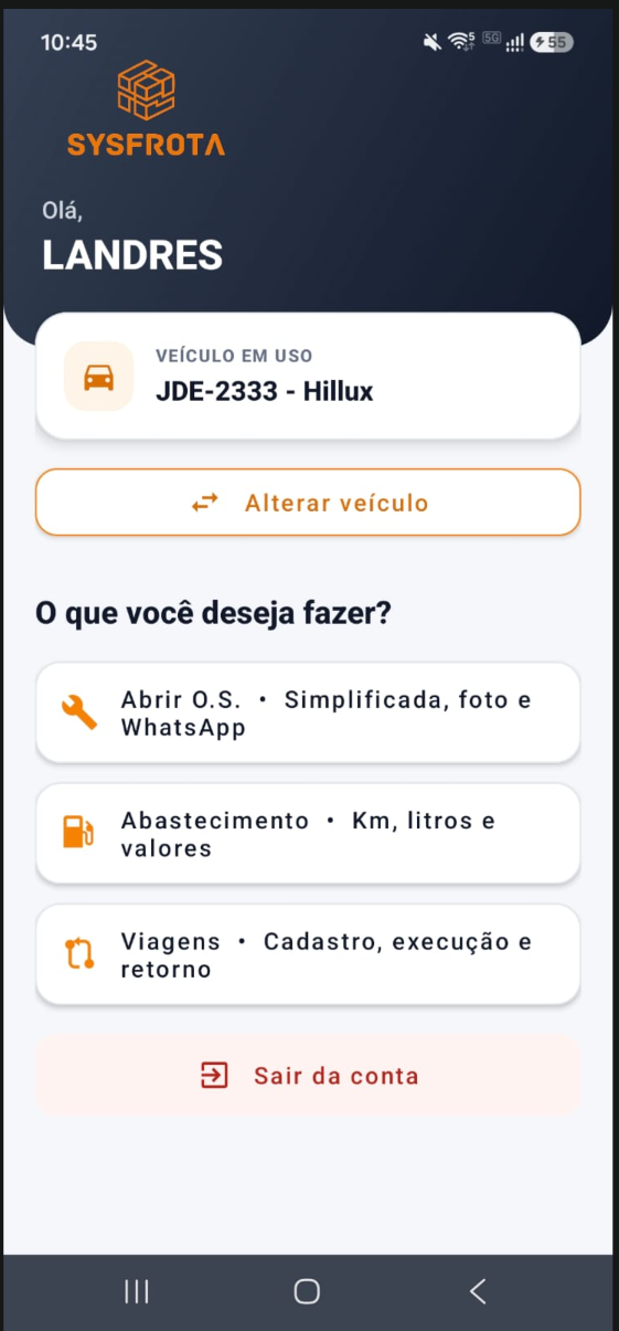 Tela inicial do app do motorista SysFrota