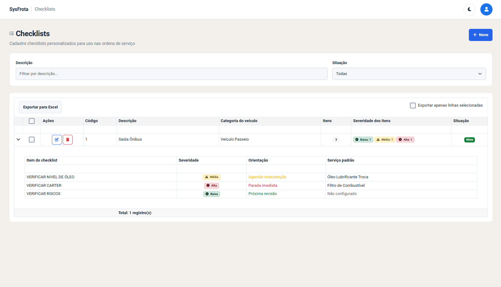 Tela do SysFrota — Cadastro de checklists personalizados