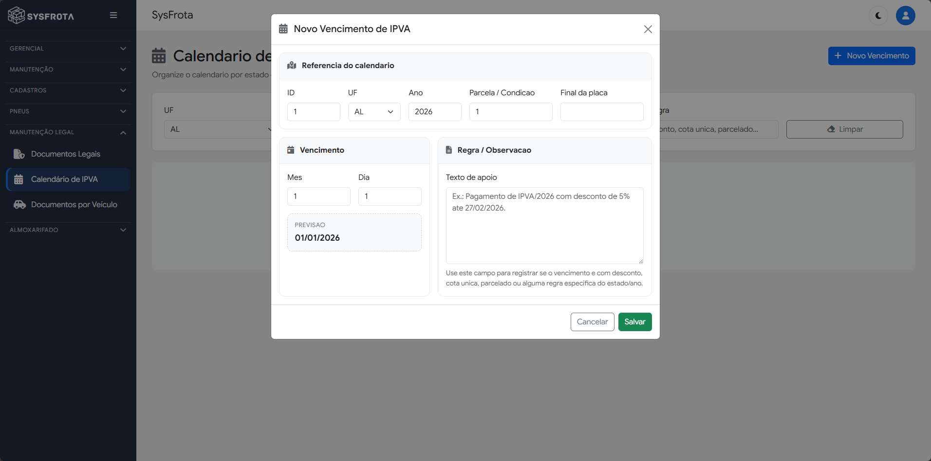 Tela do SysFrota — Calendário de IPVA