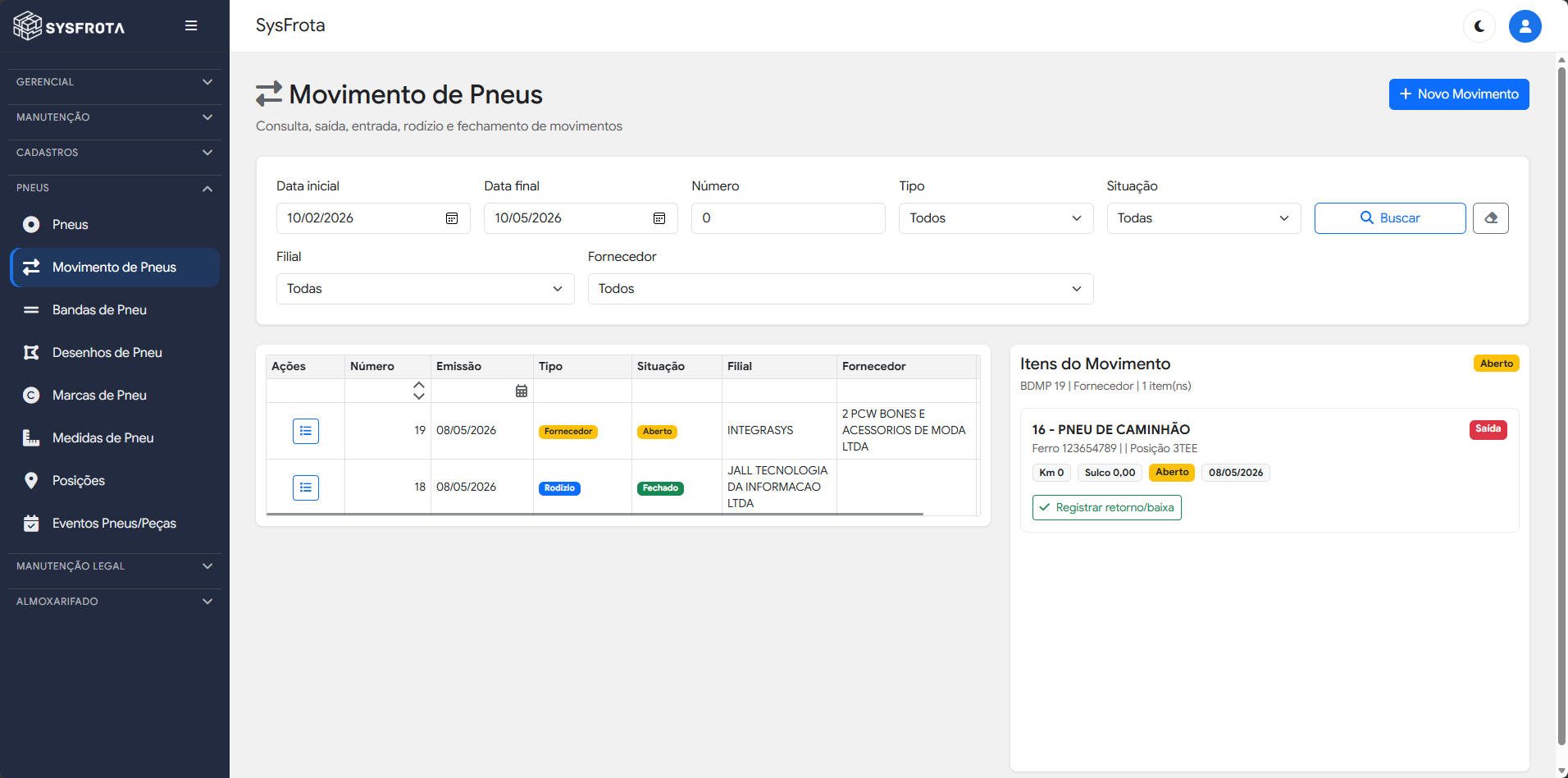 Tela do SysFrota — Movimento de Pneus